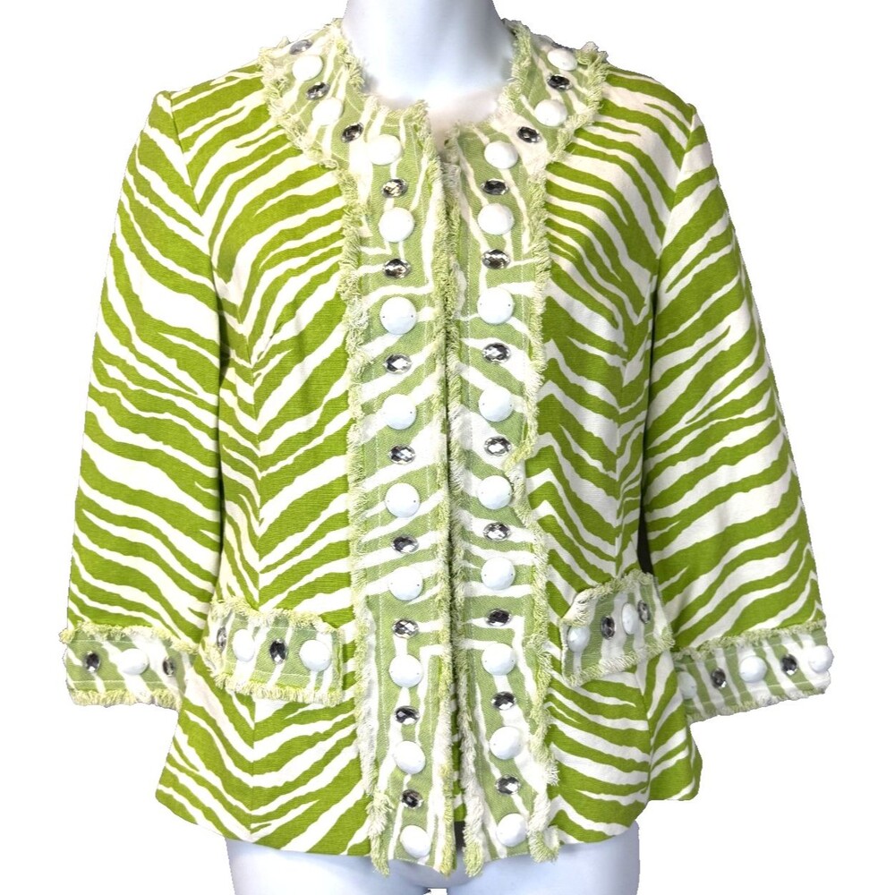 Vintage Berek 2 Collective Works Lime Green Zebra Print Jacket Snap Jewels PS